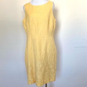 AGB PETITE DRESS 12P YELLOW EMBROIDERED SUNDRESS LINEN BLEND SHEATH DRESS
